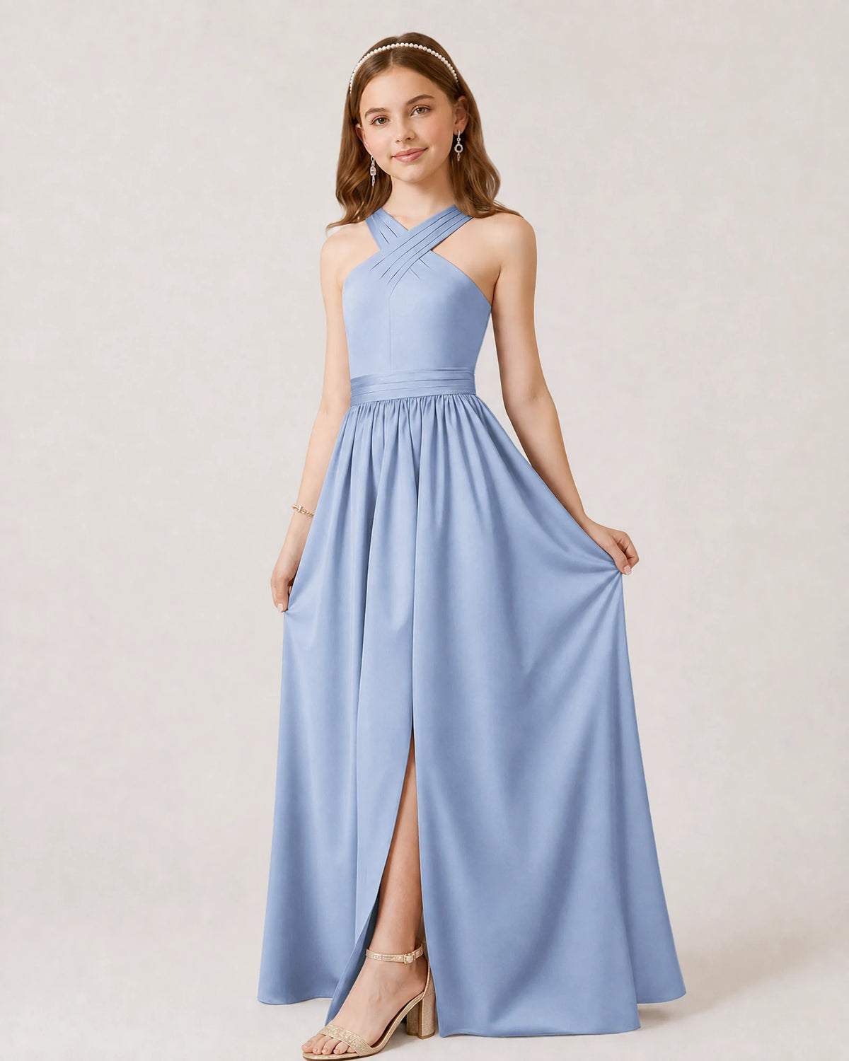Dusty Blue Chiffon A-line Junior Bridesmaid Dress Front View