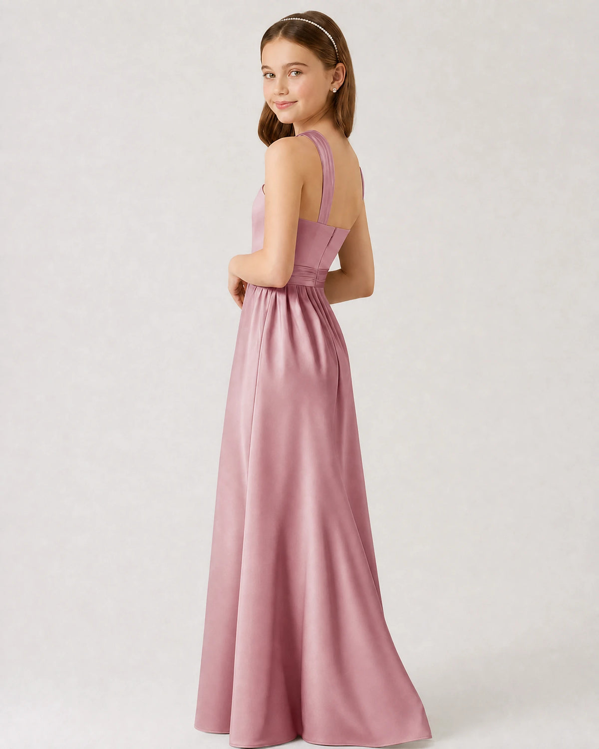 Dusty Rose Satin A-line Junior Bridesmaid Dress Side View