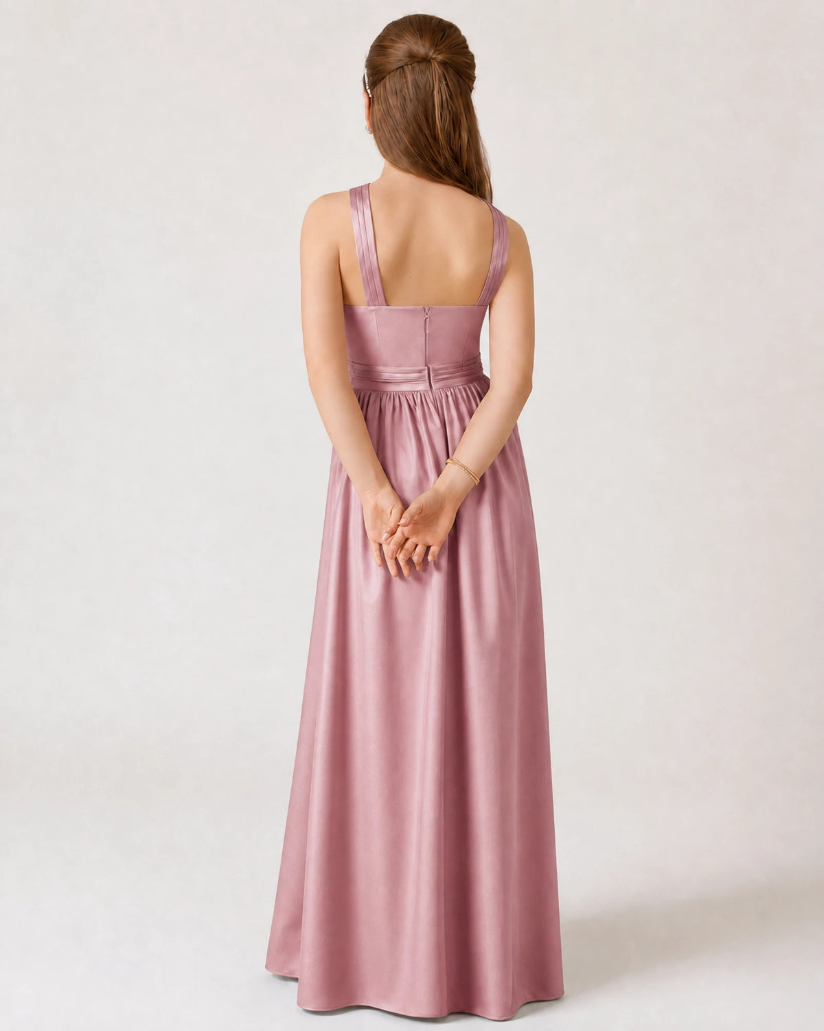 Dusty Rose Satin A-line Junior Bridesmaid Dress Back View