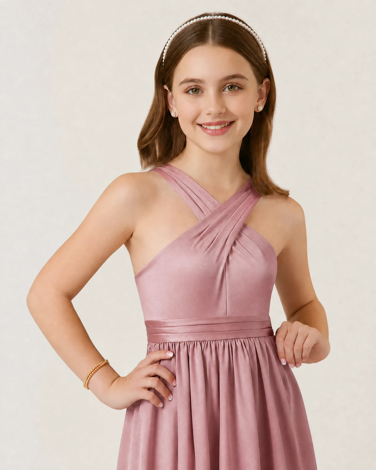 Dusty Rose Satin A-line Junior Bridesmaid Dress Front View