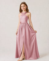 Dusty Rose Satin A-line Junior Bridesmaid Dress Front View