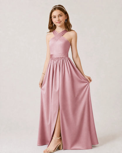 Dusty Rose Satin A-line Junior Bridesmaid Dress Front View