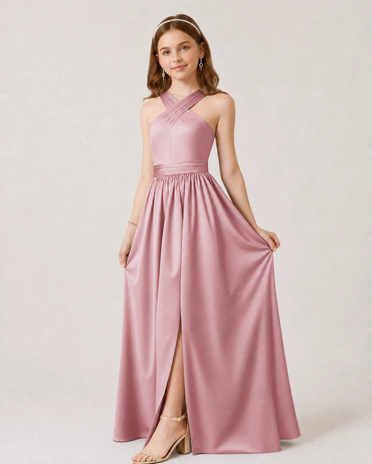 Dusty Rose Satin A-line Junior Bridesmaid Dress Front View