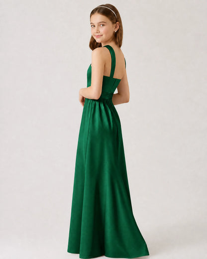 Emerald Green Satin A-line Junior Bridesmaid Dress Side View