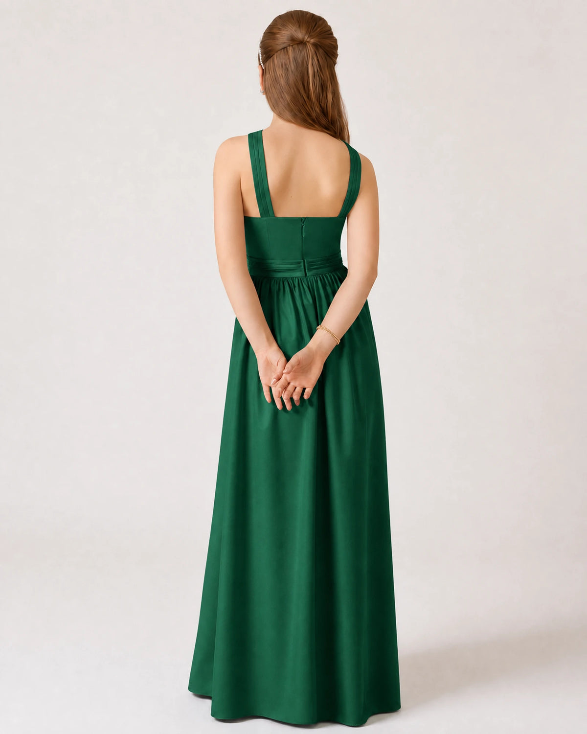 Emerald Green Satin A-line Junior Bridesmaid Dress Back View