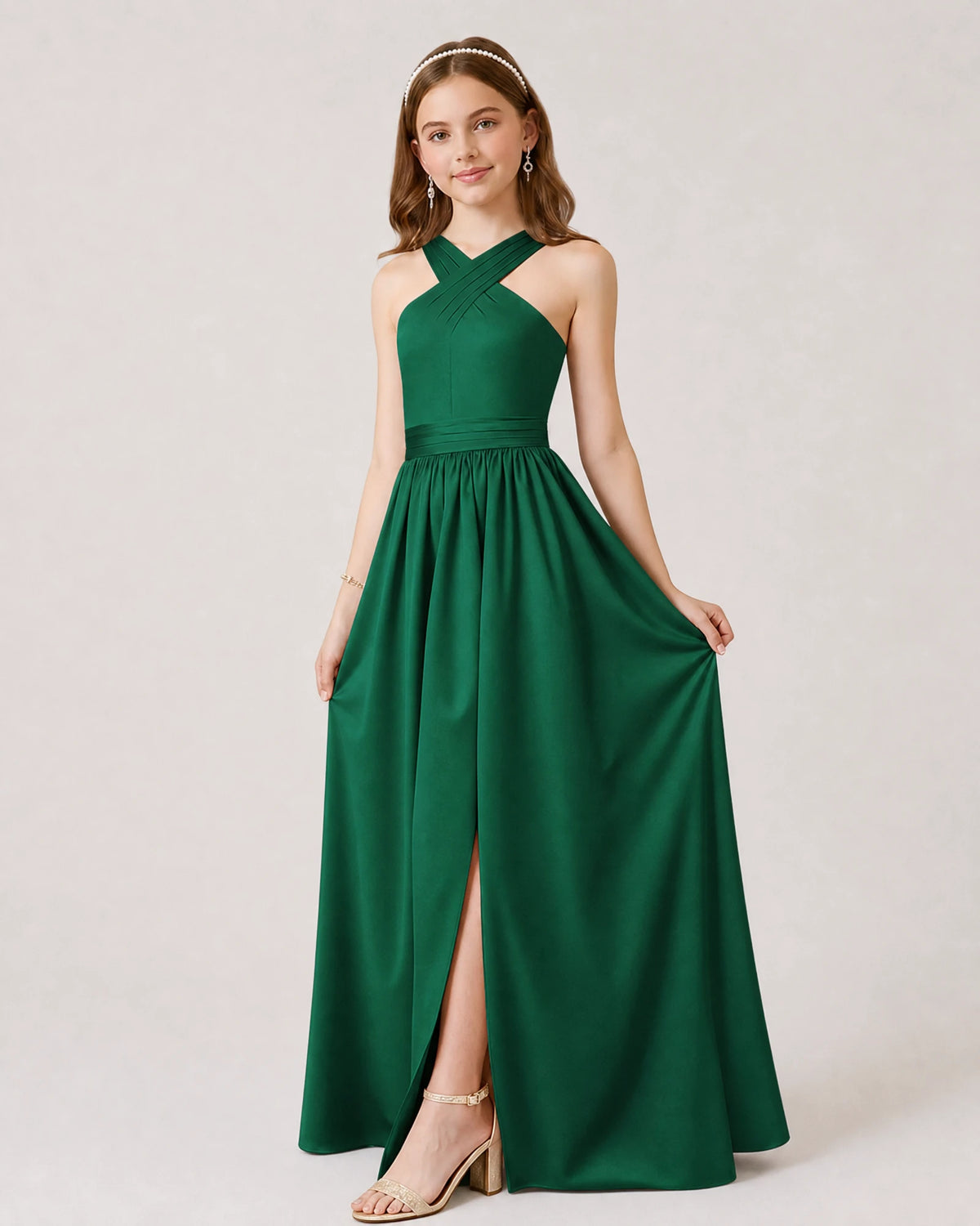 Emerald Green Satin A-line Junior Bridesmaid Dress Front View