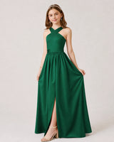 Emerald Green Satin A-line Junior Bridesmaid Dress Front View