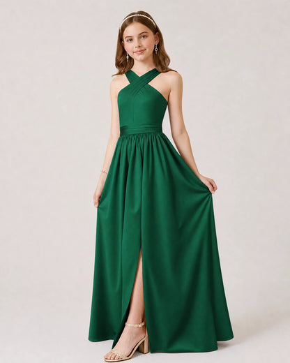 Emerald Green Satin A-line Junior Bridesmaid Dress Front View