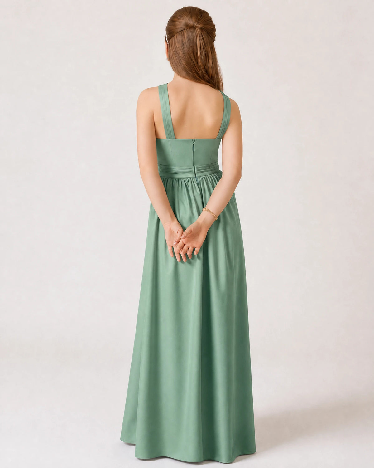 Eucalyptus Satin A-line Junior Bridesmaid Dress Back View