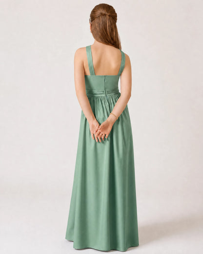 Eucalyptus Satin A-line Junior Bridesmaid Dress Back View