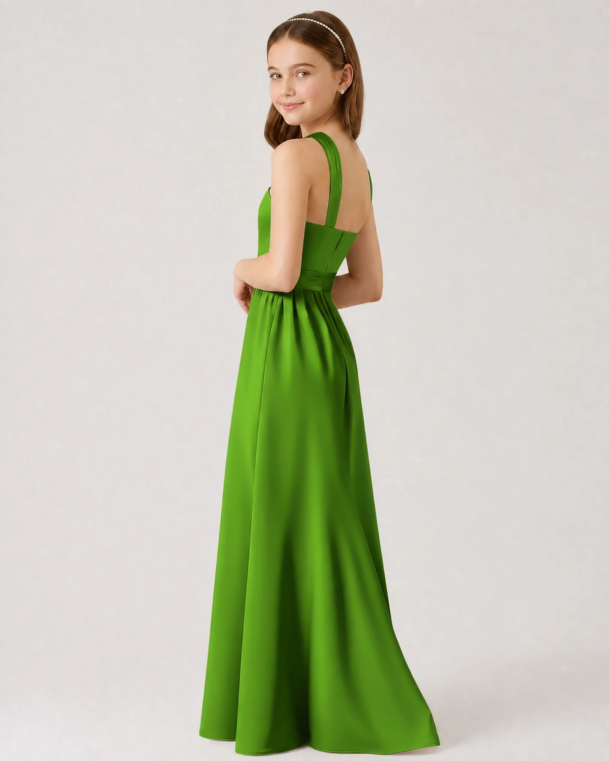 Green Satin A-line Junior Bridesmaid Dress Side View
