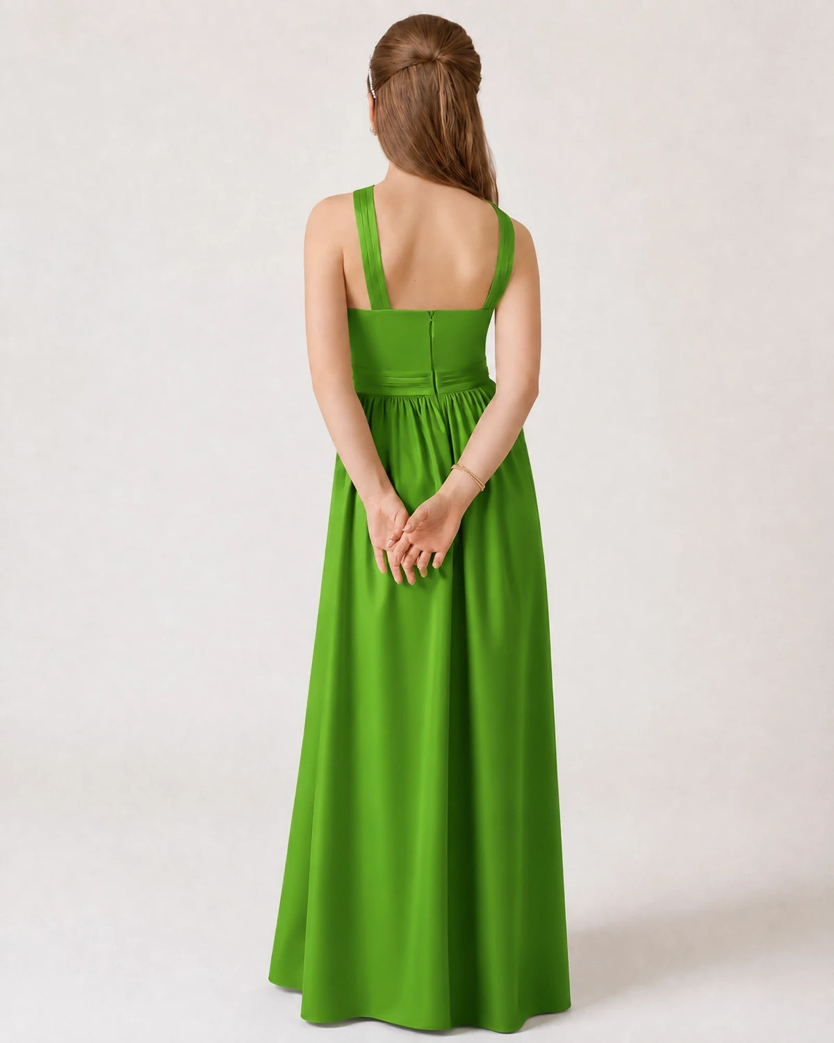 Green Satin A-line Junior Bridesmaid Dress Back View