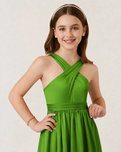 Green Satin A-line Junior Bridesmaid Dress Front View