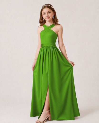 Green Satin A-line Junior Bridesmaid Dress Front View