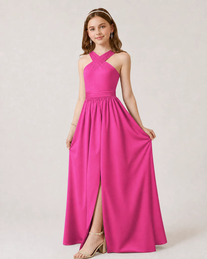 Hot Pink Satin A-line Junior Bridesmaid Dress Front View