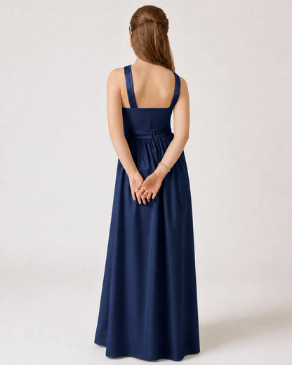 Navy Blue Satin A-line Junior Bridesmaid Dress Back View