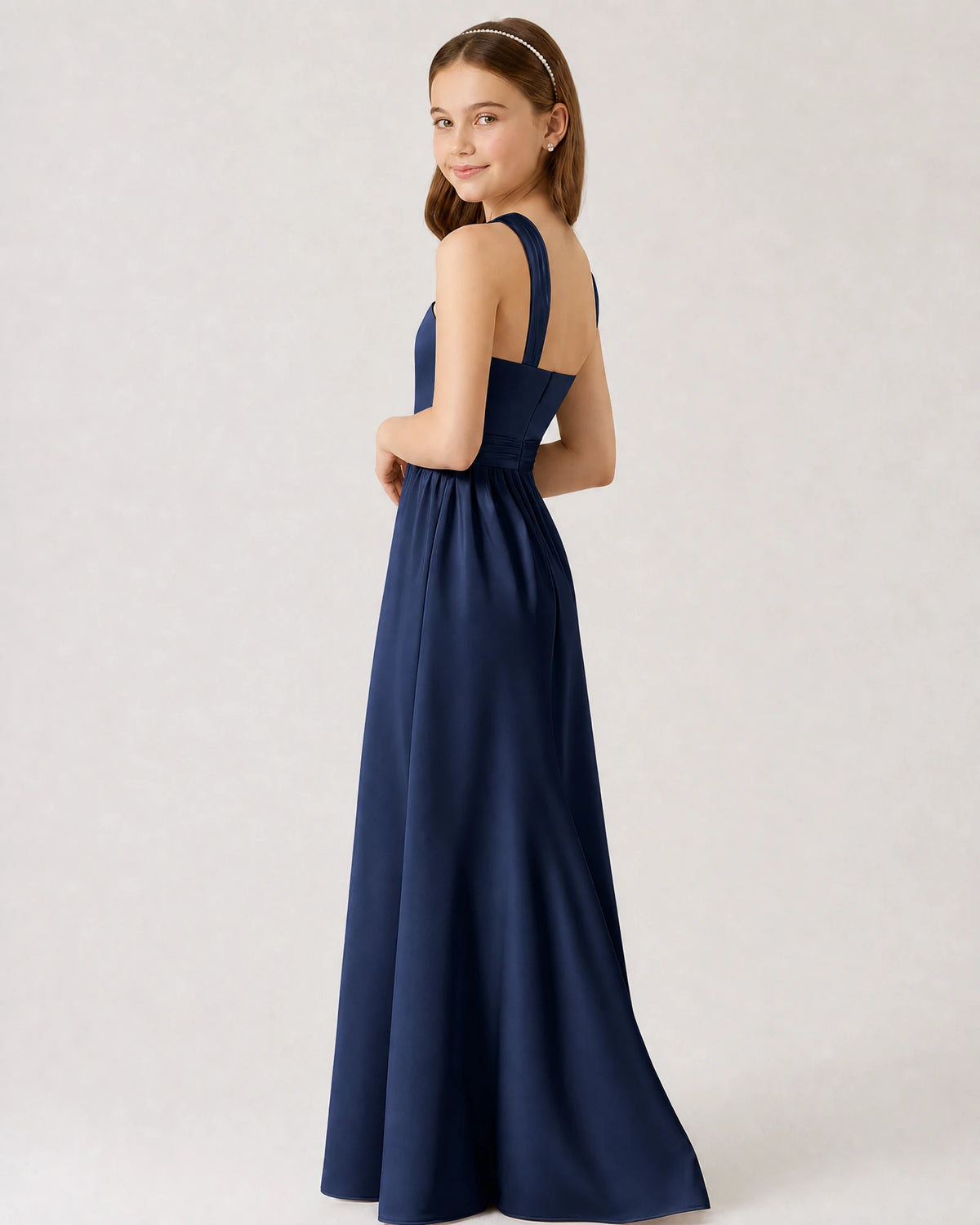Navy Blue Satin A-line Junior Bridesmaid Dress Side View