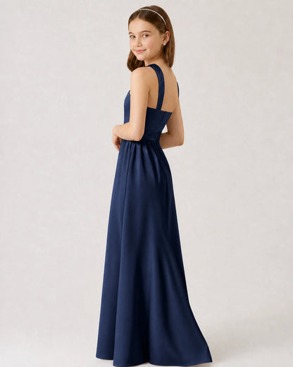 Navy Blue Satin A-line Junior Bridesmaid Dress Side View