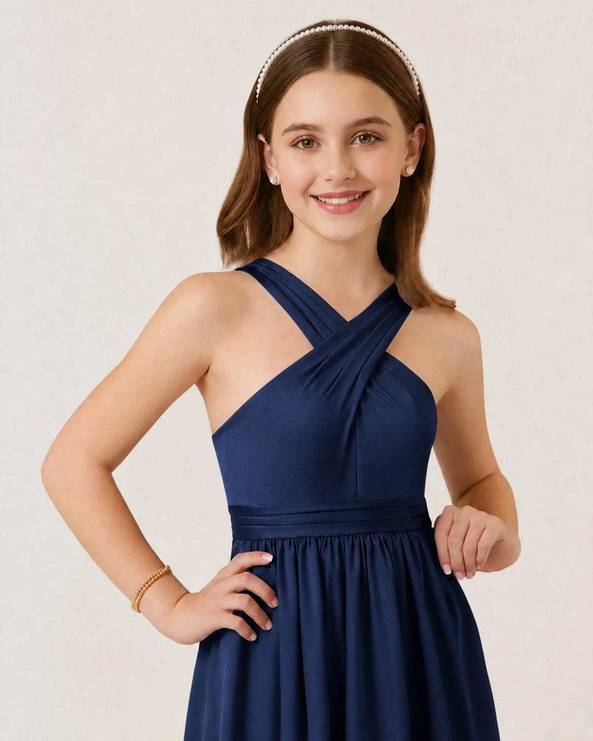 Navy Blue Chiffon A-line Junior Bridesmaid Dress Front View