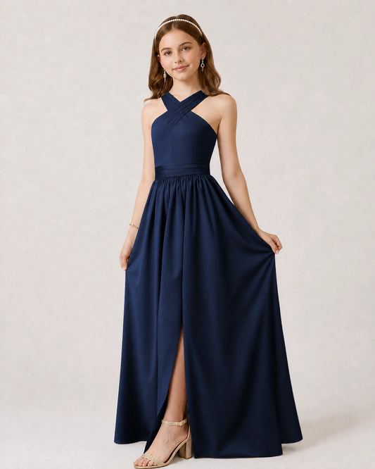 Navy Blue Chiffon A-line Junior Bridesmaid Dress Front View
