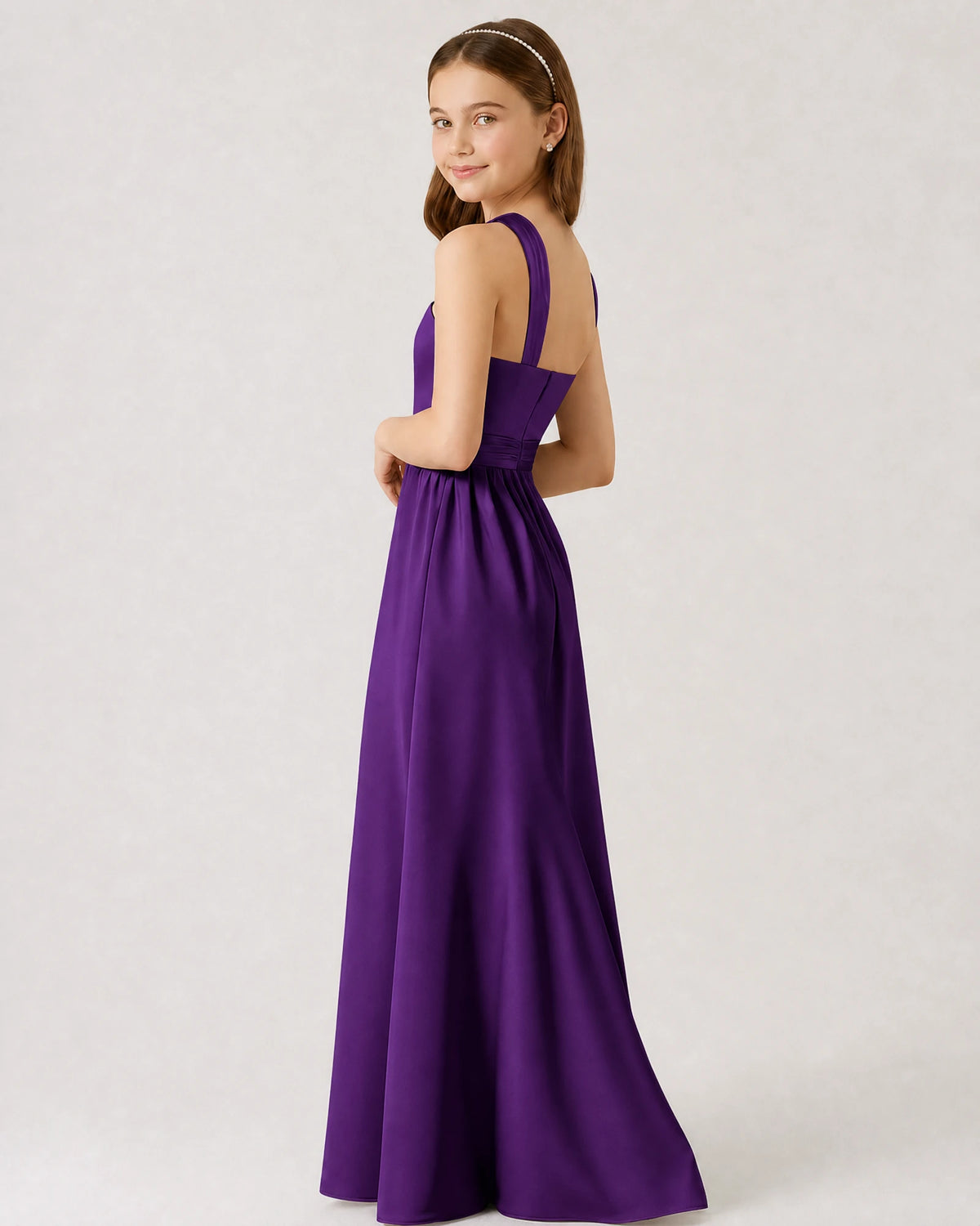Purple Satin A-line Junior Bridesmaid Dress Side View