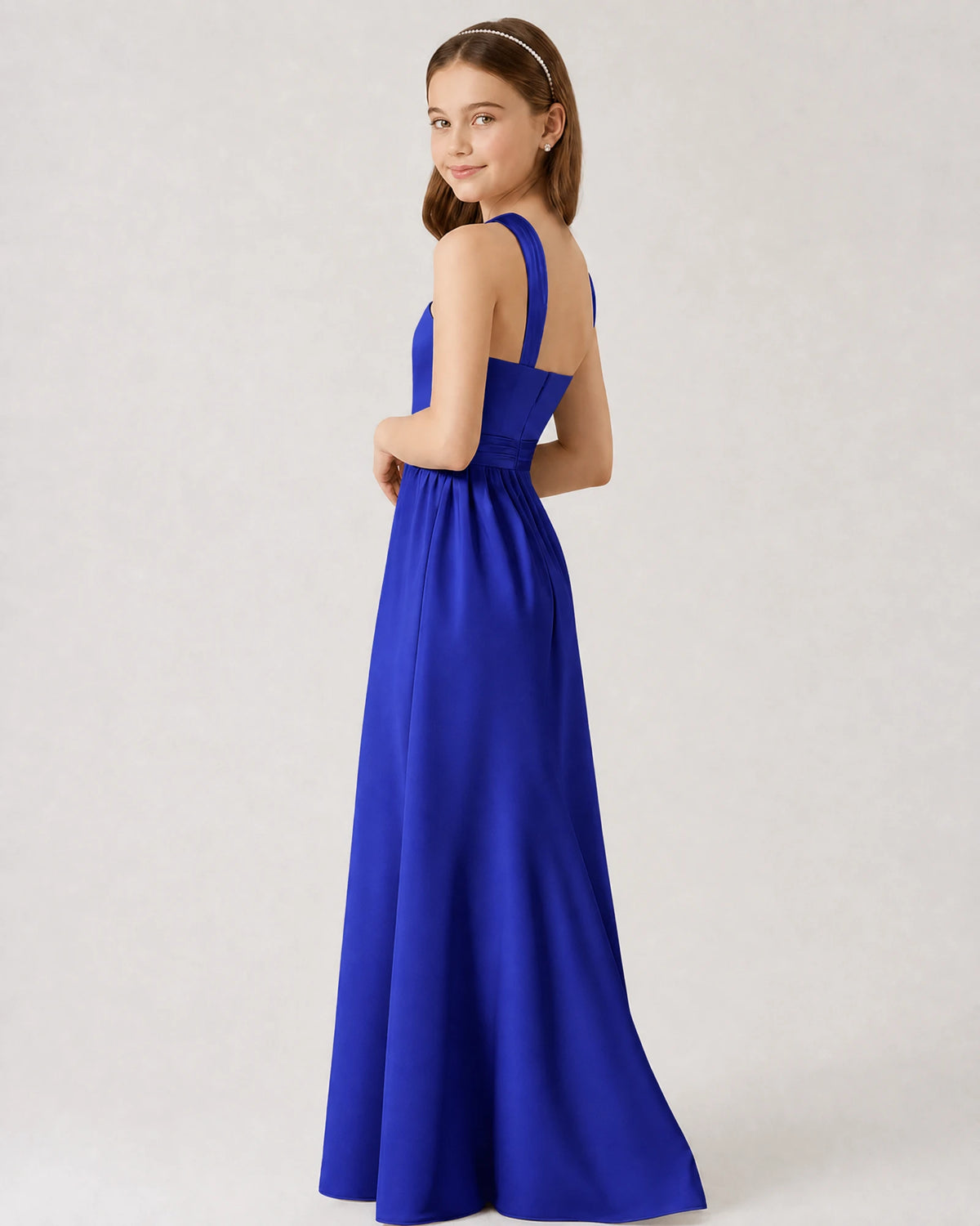 Royal Blue Satin A-line Junior Bridesmaid Dress Side View