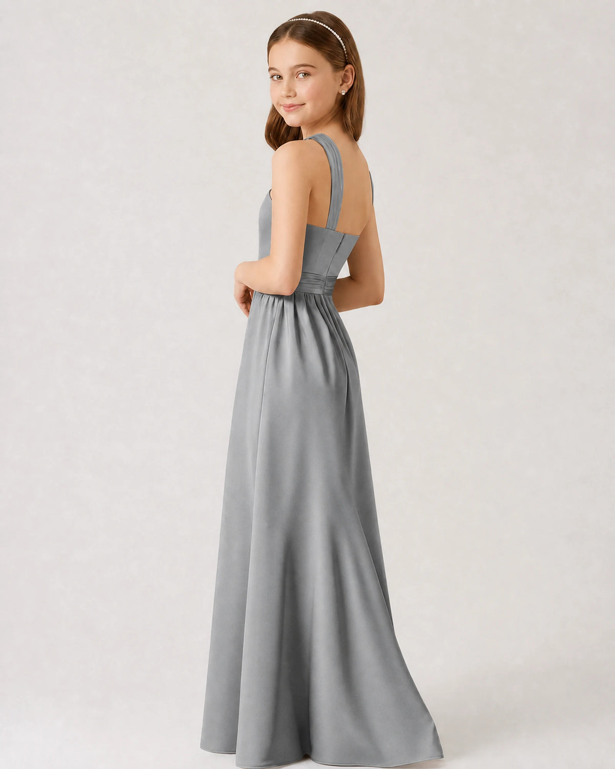 Silver Satin A-line Junior Bridesmaid Dress Side View