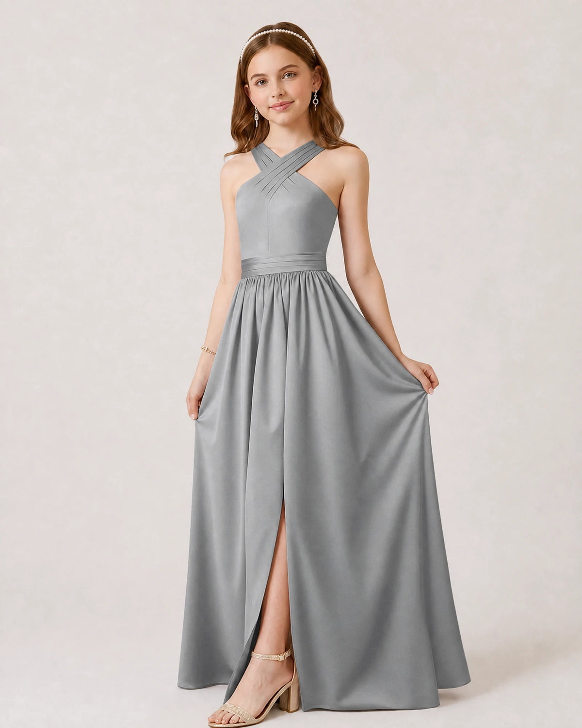 Silver Satin A-line Junior Bridesmaid Dress Front View