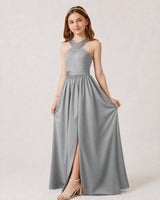 Silver Satin A-line Junior Bridesmaid Dress Front View