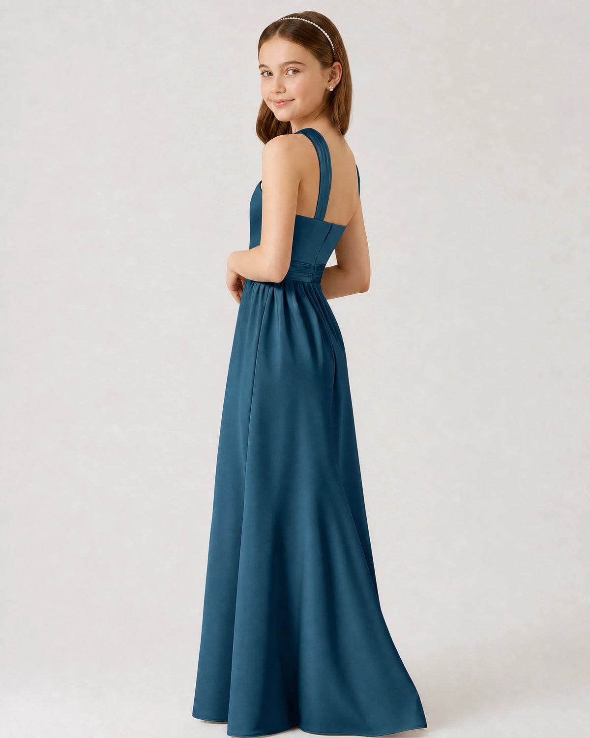Teal Satin A-line Junior Bridesmaid Dress Side View