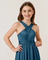 Teal Satin A-line Junior Bridesmaid Dress Front View