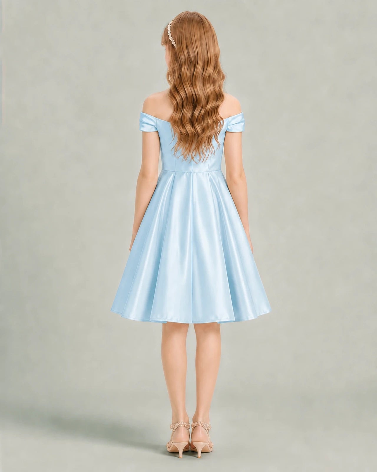 Baby Blue Junior Bridesmaid Dress Off-Shoulder Ruched Satin Knee-Length A-Line Gown Back View