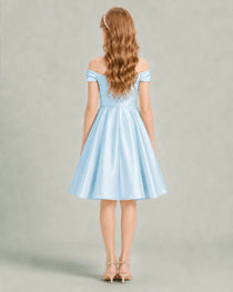 Baby Blue Junior Bridesmaid Dress Off-Shoulder Ruched Satin Knee-Length A-Line Gown Back View