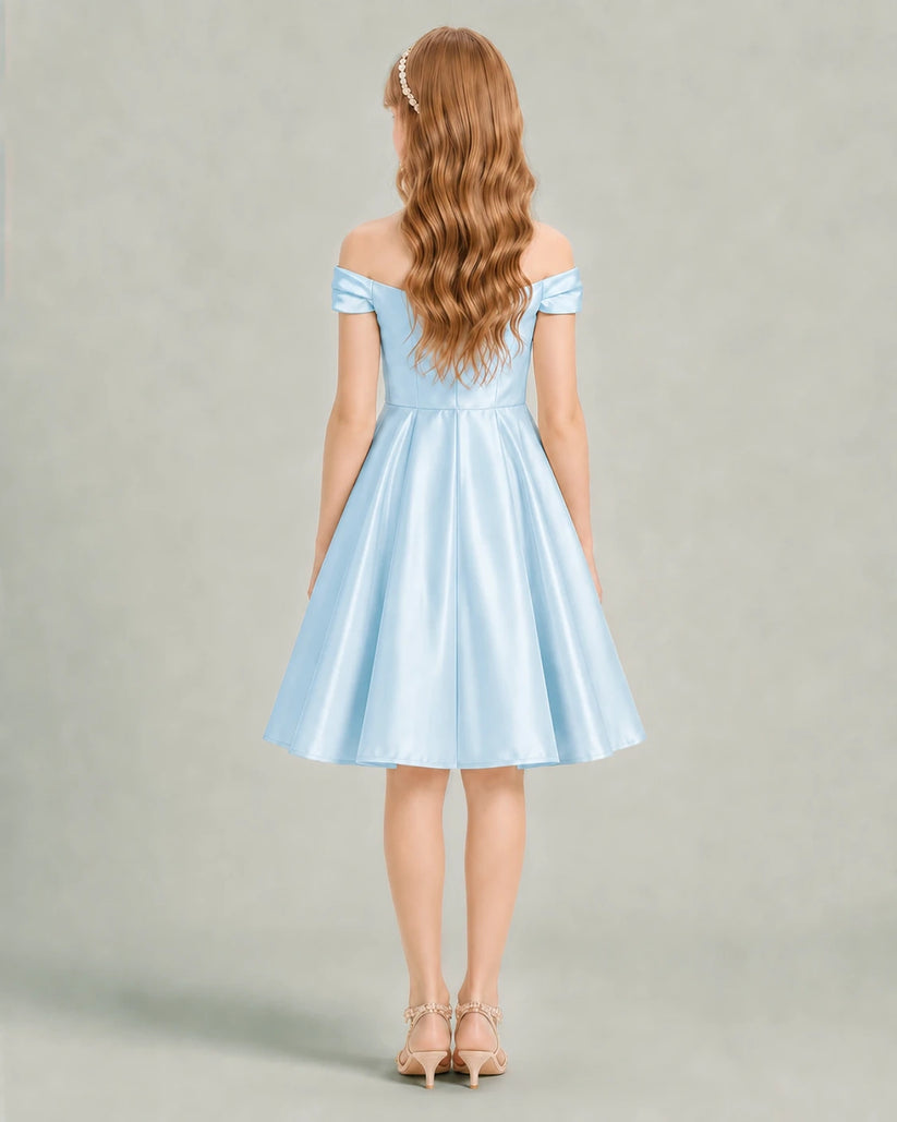 Baby Blue Satin A-line Junior Bridesmaid Dress Back View
