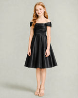 Black Satin A-line Junior Bridesmaid Dress Front View