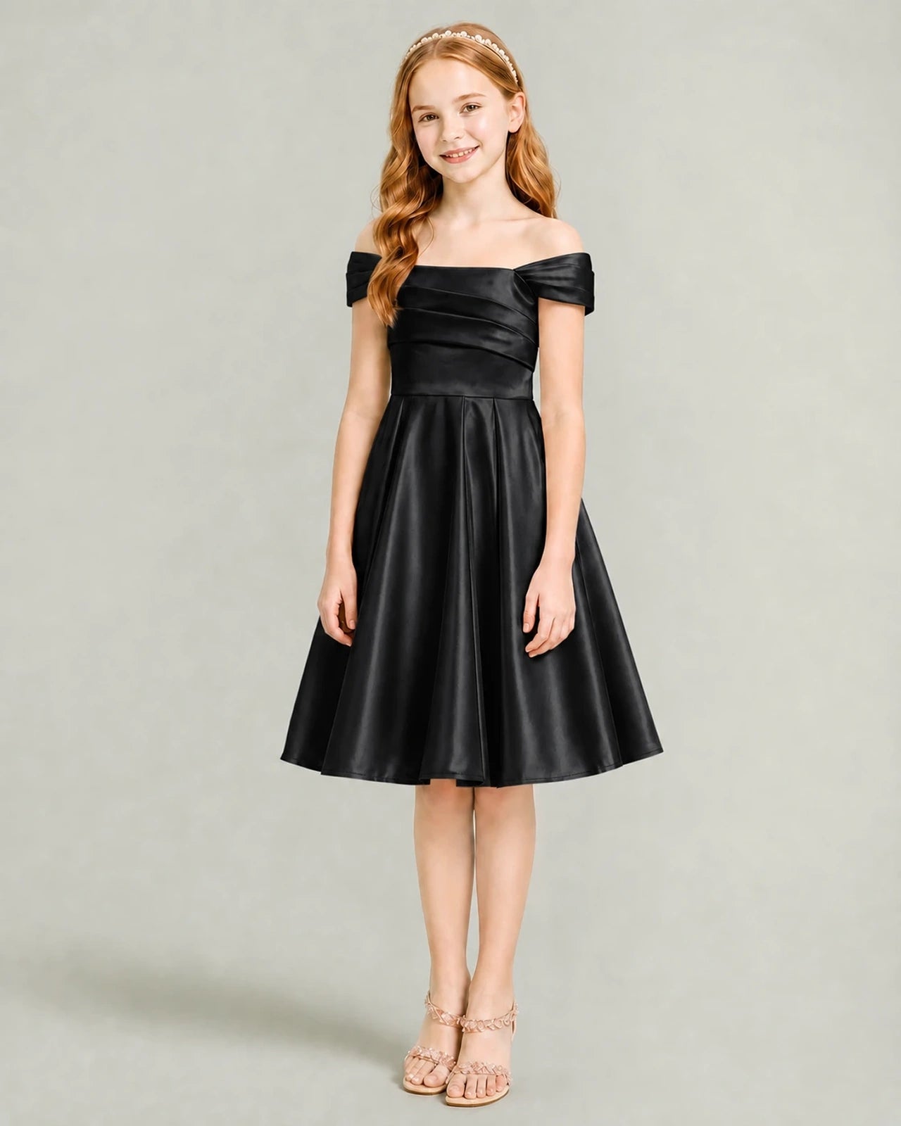 Black Junior Bridesmaid Dress Off-Shoulder Ruched Satin Knee-Length A-Line Gown Front Full View