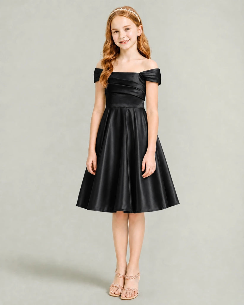 Black Satin A-line Junior Bridesmaid Dress Front View