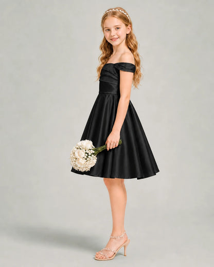 Black Junior Bridesmaid Dress Off-Shoulder Ruched Satin Knee-Length A-Line Gown Side View