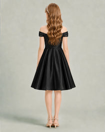 Black Junior Bridesmaid Dress Off-Shoulder Ruched Satin Knee-Length A-Line Gown Back View