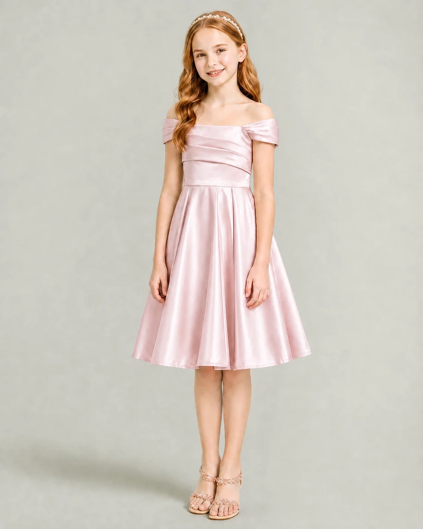 Blush Pink Satin A-line Junior Bridesmaid Dress Front View