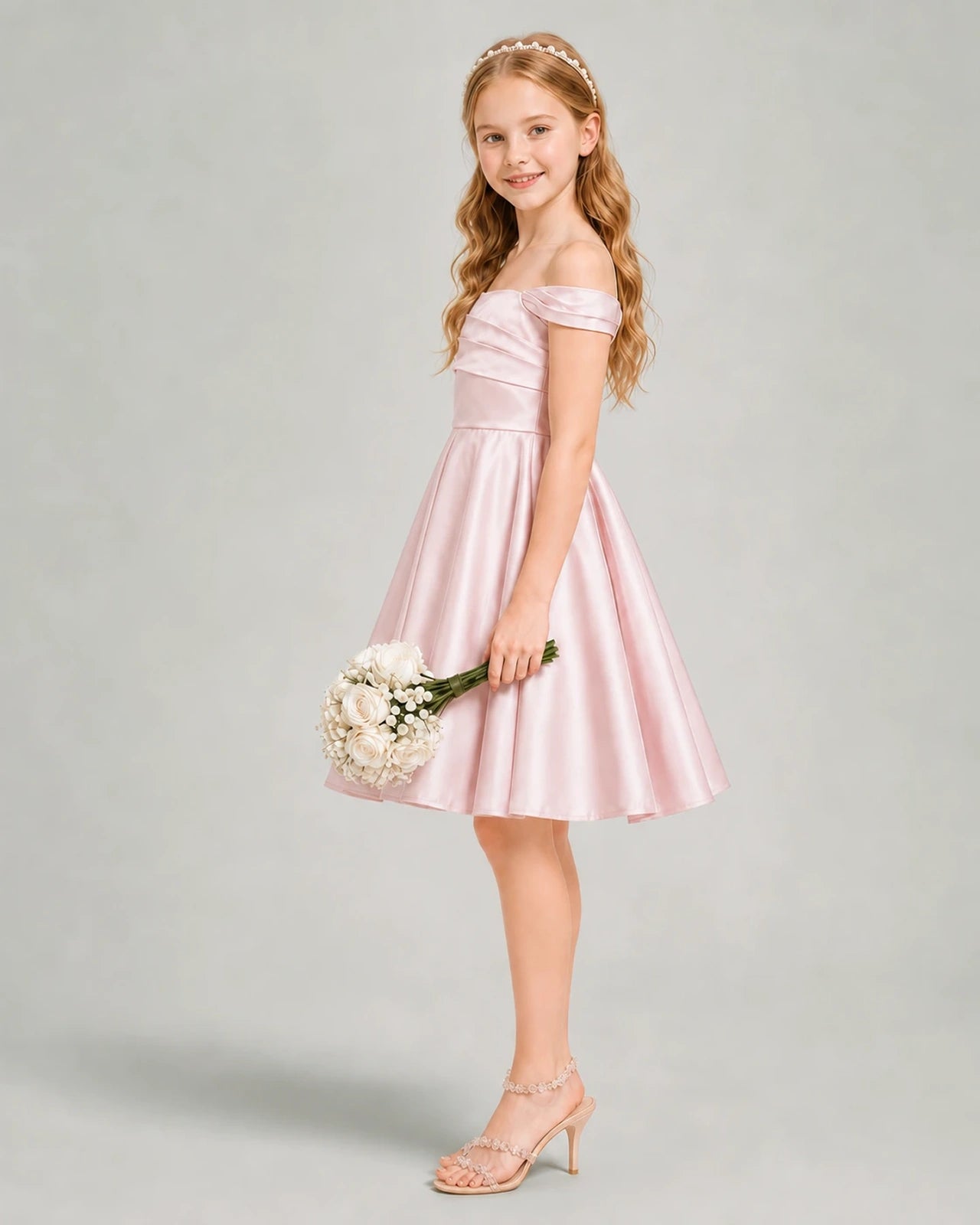Junior Bridesmaid Dress | Satin Off-the-Shoulder Gown