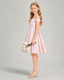 Blush Pink Junior Bridesmaid Dress Off-Shoulder Ruched Satin Knee-Length A-Line Gown Side View