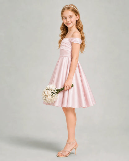Blush Pink Junior Bridesmaid Dress Off-Shoulder Ruched Satin Knee-Length A-Line Gown Side View