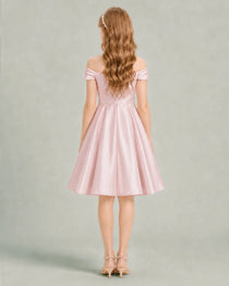 Blush Pink Junior Bridesmaid Dress Off-Shoulder Ruched Satin Knee-Length A-Line Gown Back View