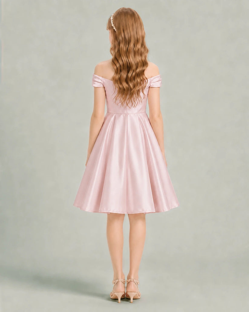 Blush Pink Satin A-line Junior Bridesmaid Dress Back View