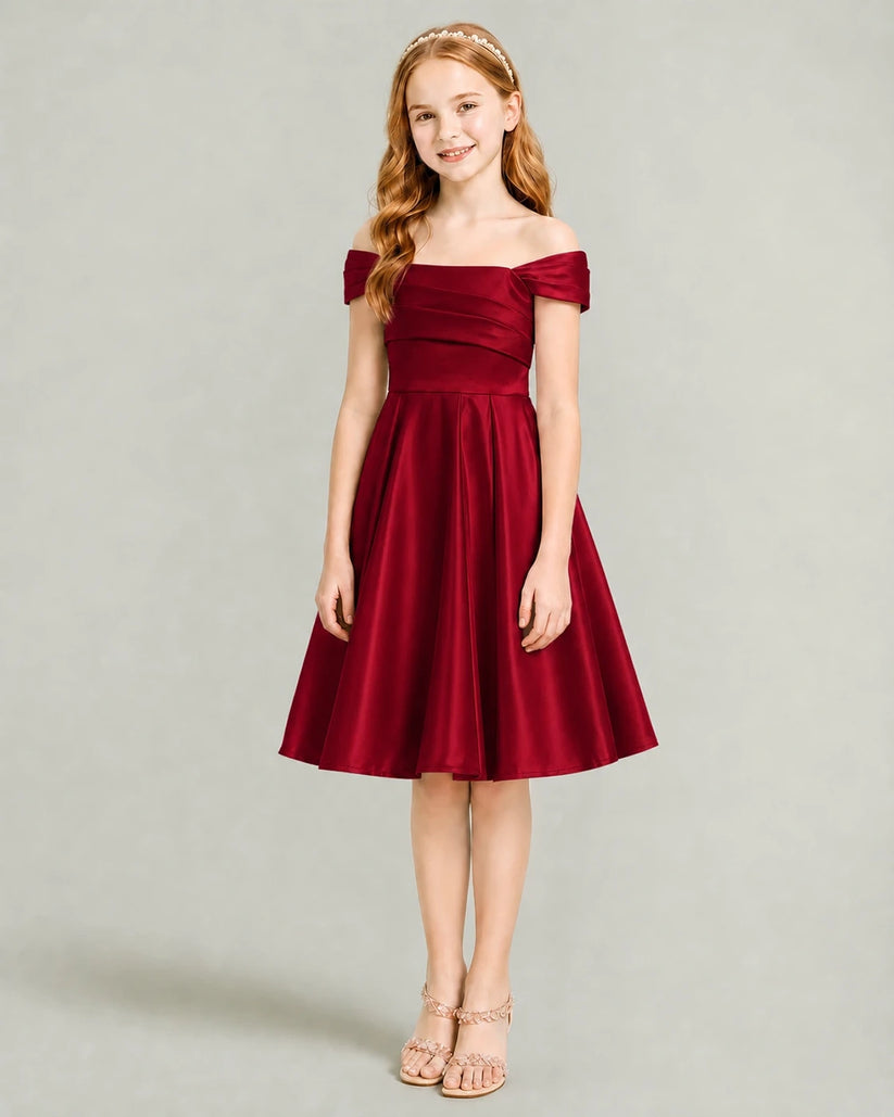 Burgundy Satin A-line Junior Bridesmaid Dress Front View