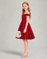 Burgundy Satin A-line Junior Bridesmaid Dress Side View