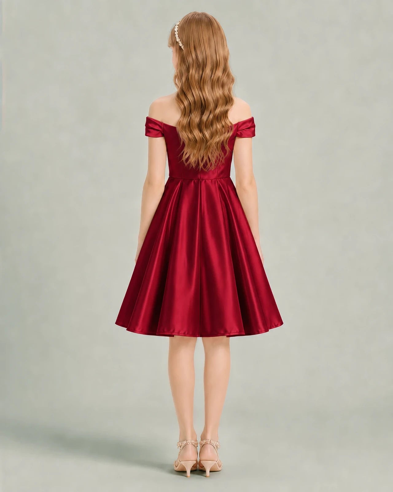 Burgundy Junior Bridesmaid Dress Off-Shoulder Ruched Satin Knee-Length A-Line Gown Back View