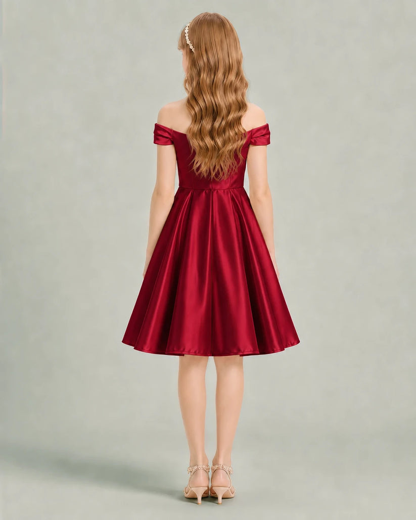 Burgundy Satin A-line Junior Bridesmaid Dress Back View