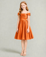 Burnt Orange Satin A-line Junior Bridesmaid Dress Front View